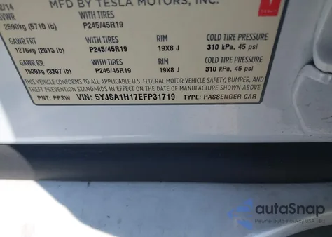 2014 Tesla Model S P85 z USA, uszkodzony, nr VIN 5YJSA1H17EFP31719